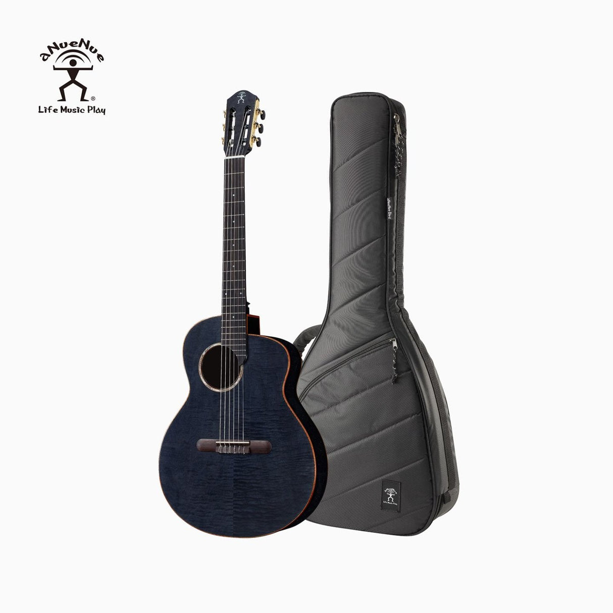 aNueNue LN77E Black Flamed Top Thin Body Nylon Guitar with Deluxe Gigbag Front View