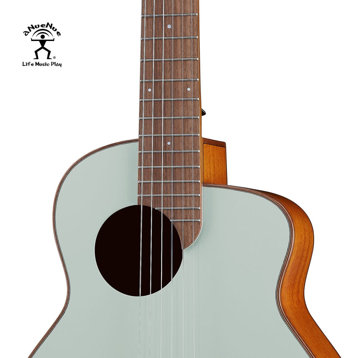 aNueNue MCN Nylon Series Travel Size Guitar Forest Jade – Cedar Top with Walnut Bridge Front Close-up