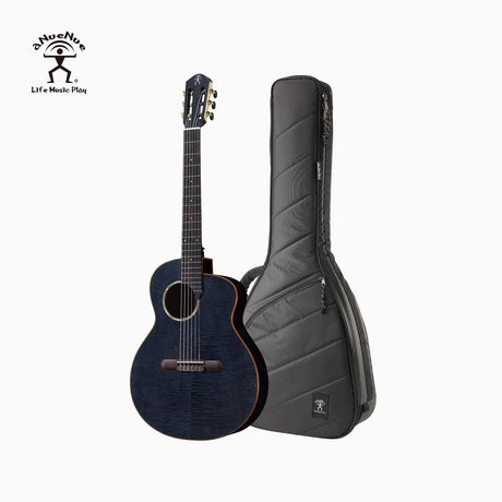 aNueNue LN77E Black Flamed Top Thin Body Nylon Guitar with Deluxe Gigbag Front View