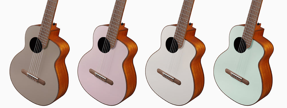 aNueNue MCN Nylon Series Travel Size Guitar Available in Chocolate Ripple Sultan Sand Warm Gray Forest Jade – Group Shot