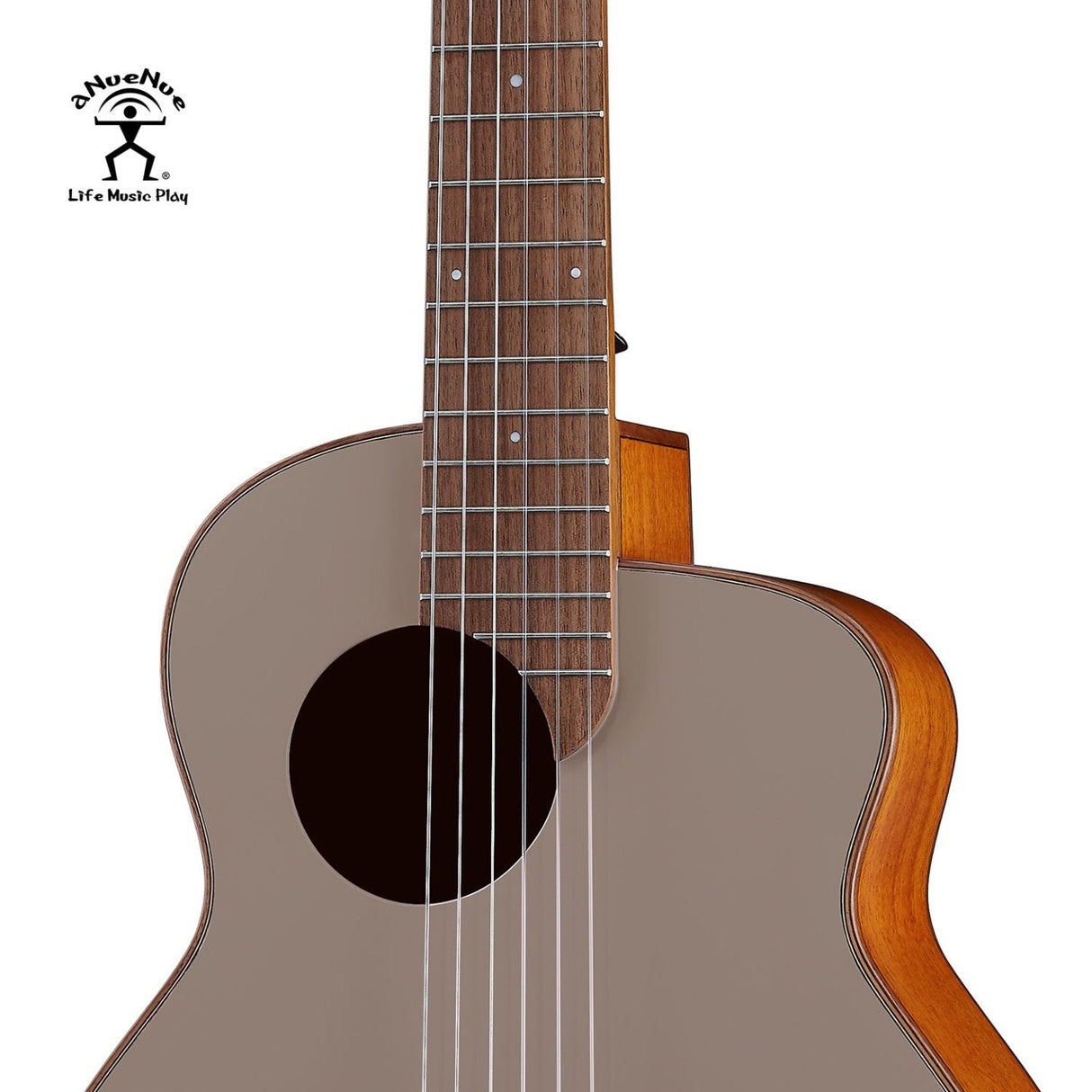 aNueNue MCN Nylon Series Travel Size Guitar Chocolate Ripple – Cedar Top with Walnut Bridge Front Close-up