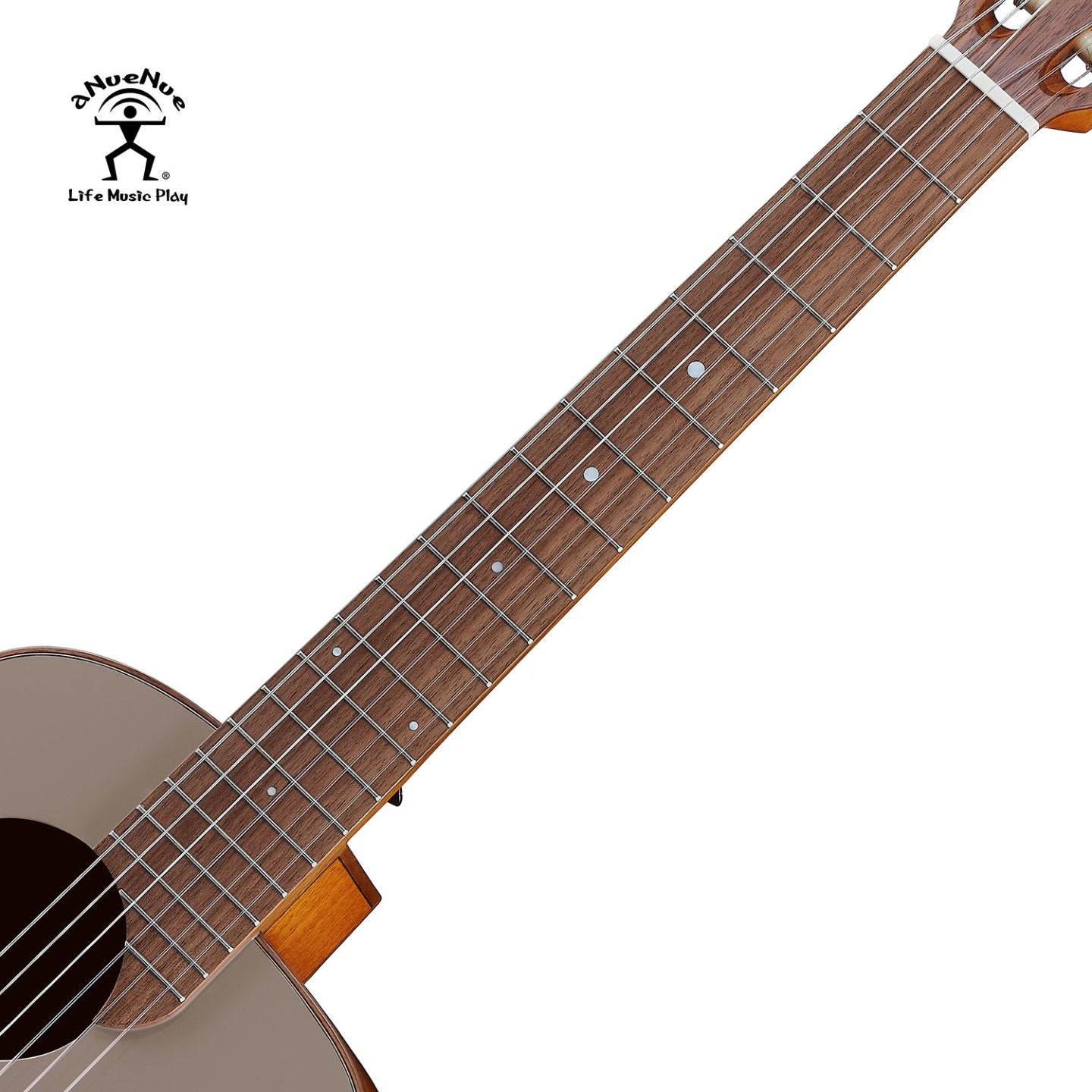 aNueNue MCN Nylon Series Travel Size Guitar Chocolate Ripple – Walnut Fretboard Close Up