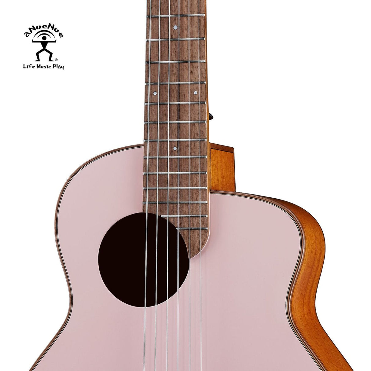 aNueNue MCN Nylon Series Travel Size Guitar Sultan Sand – Cedar Top with Walnut Bridge Front Close-up