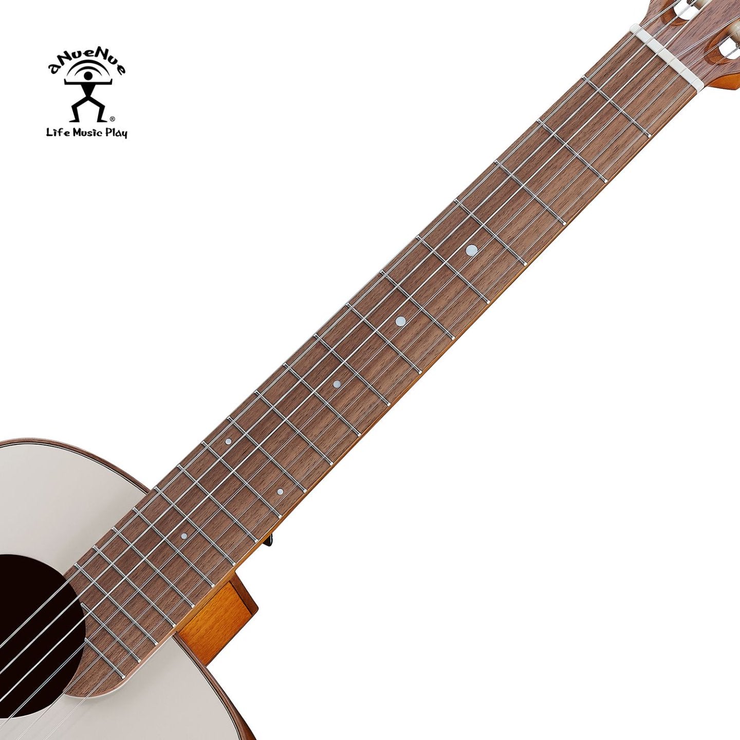 aNueNue MCN Nylon Series Travel Size Guitar Warm Gray – Walnut Fretboard Close Up