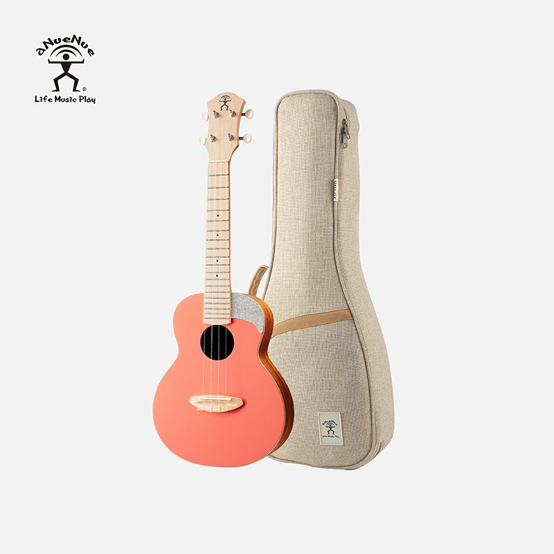 aNueNue UC-10 Color Concert Ukulele 19 Frets Living Coral with Original Linen Gigbag Front View